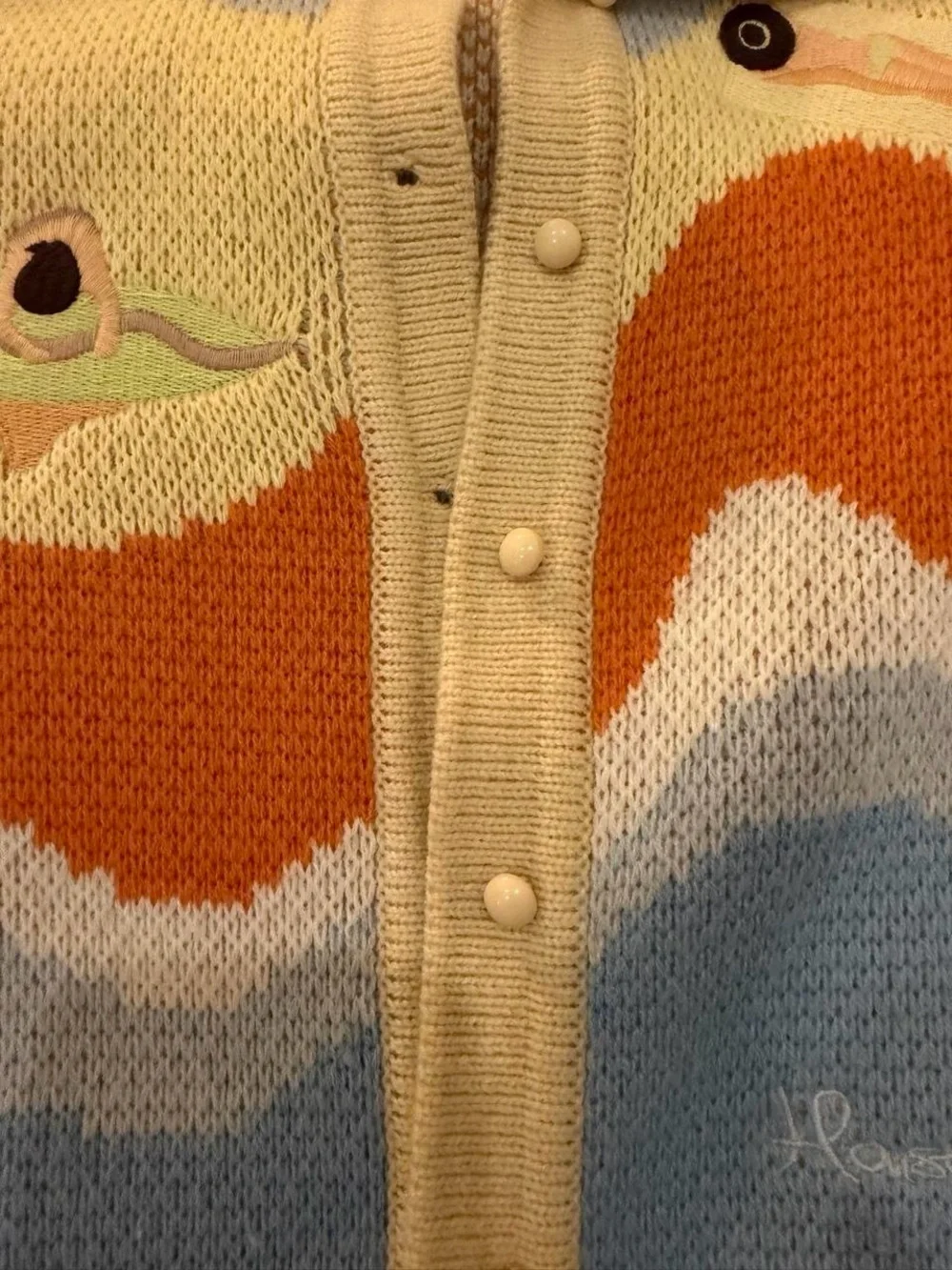 House of Sunny l Cream Orange and Light Blue Wave Knit Cardigan